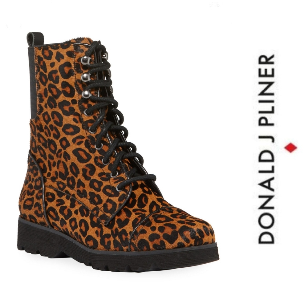 Edgy Donald J. Pliner Leopard Print Combat Boots - Picture 2 of 7